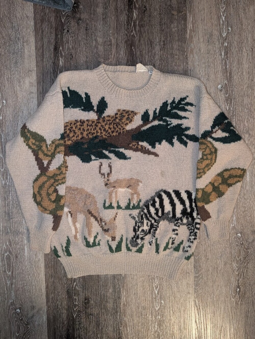Vintage Beige Animal & Jungle Motif Crewneck Sweater